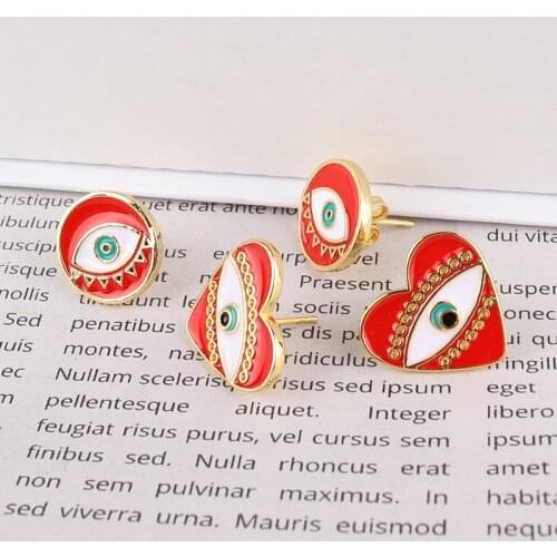 Trendy Round/Heart Evil Eyes Earrings Luxury High quality Red Enamel Stud Earrings For Women aretes de piedra