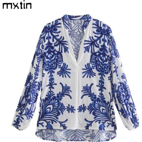 MXTIN 2021 Women Autumn Fashion Floral Print Single Button Blouses Vintage V-Neck Long Sleeve Female Shirts Casual Chic Tops