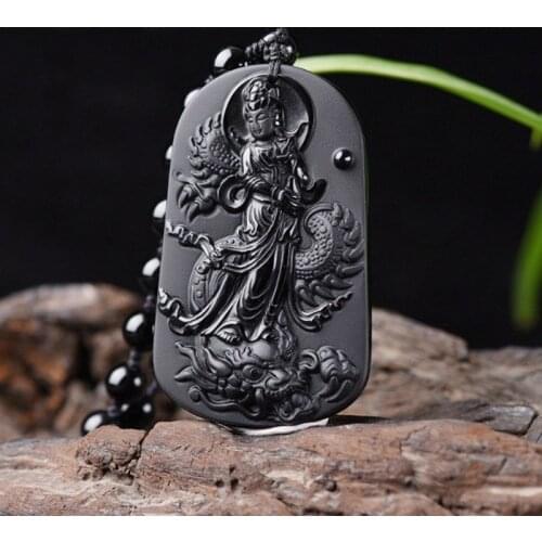Natural Obsidian Dragon Guan yin Jade Pendant Jewelry Lucky to ward off evil spirit Auspicious Amulet Pendant Jade Fine Jewelry