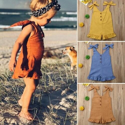Solid Casual Summer Newborn Kids Baby Girl Ruffles Sleeveless Button Overall Romper Jumpsuit Body suit Clothes Outfit