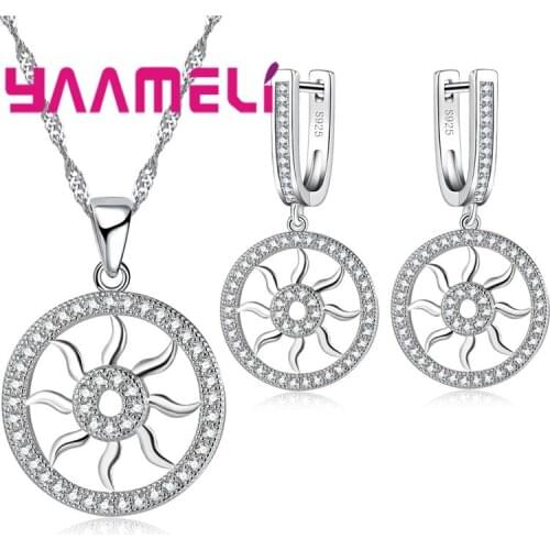 Round Paved White Crystals Necklace Drop Earrings Women Wedding Accessory Fashion 925 Sterling Silver Jewelry Sets