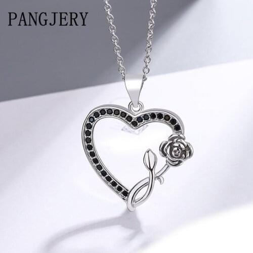 PANGJERY 925 Sterling Silver Micro Pave Zircon Necklaces for Charm Women Elegant Exquisite Rose LOVE Heart Party Jewelry Gifts