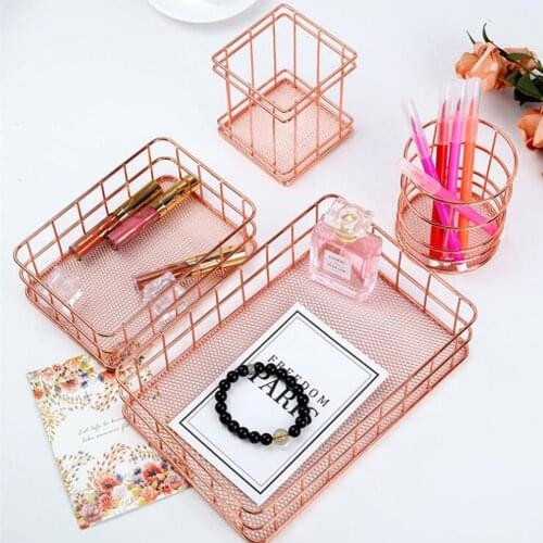 Rose Gold Metal Storage Basket Scandinavian Desktop Jewelry Cosmetic Organizer Basket Office Stationery Finishing Holder