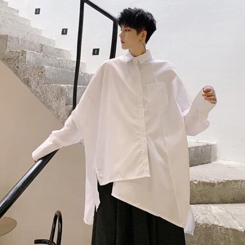 Men Long Sleeve Asymmetric Design Loose Black White Shirt Male Japan Hip Hop Gothic Casual Shirts