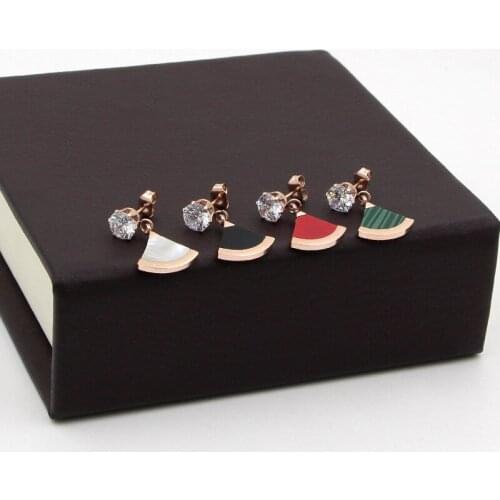 Classic Design six Prong setting Fan shape Stud earrings Titanium Steel rose gold color fashion Women Jewelry , factory prices