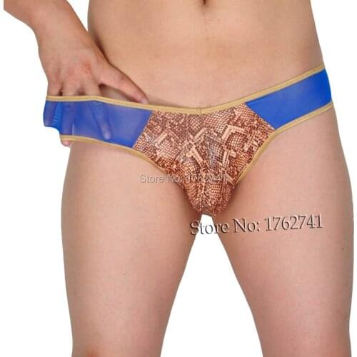 Mens Thong Splice Mesh Snakeskin Pattern G-string Tangas Sexy Lingerie Gay Men Bikinis Thong Bottoms T-Back Gay Underwear
