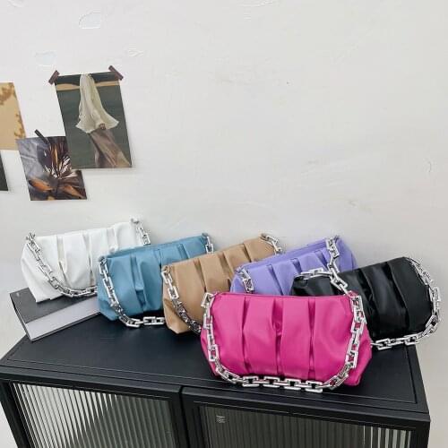 Retro Women PU Leather Pleated Shoulder Underarm Bag Ladies All seasons Wild Casual Thick Chain Business Daily Travel Handbags