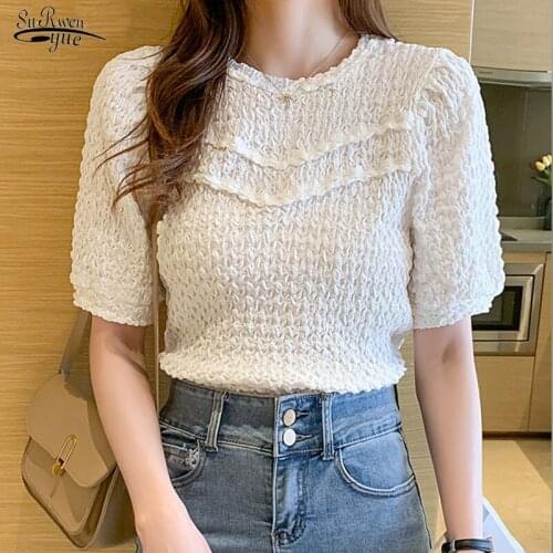 2021 Korean Puff Short Sleeve Chiffon Vintage Slim Women Blouse Summer O Neck Lace Woman Tops Pleated Casual Female Shirt 14349