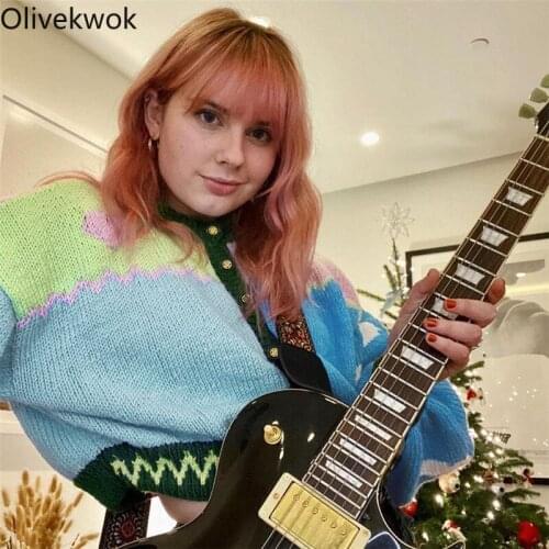 Olivekwok 2021 Woman Fashion Contrast Lantern Sleeve Cardigan Streetwear Single Breasted Long Sleeve O-Neck Coats