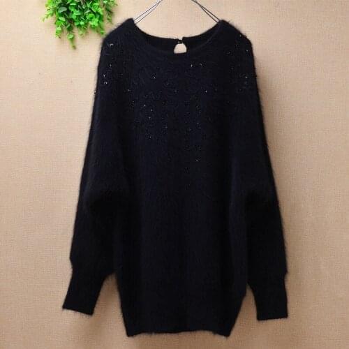 Top quality fashion ladies women loose hairy angora rabbit fur beading knitted o-neck long bat sleeves pullover sweater coat