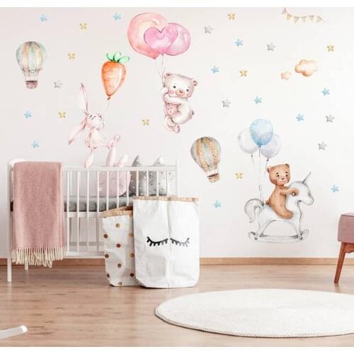Watercolor Hot air balloon Animals Wall Stickers for Children Kids rooms Wall Decor Vinyl PVC Nusery Decorative DIY Wall Sticker