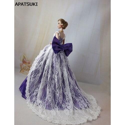 Purple Bowknot Lace Wedding Dress for Barbie Doll Princess 1:6 Evening Party Wear Long Dresses Doll Clothes for Barbie Dollhouse