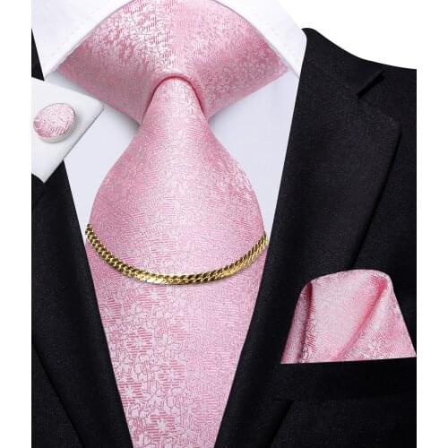 Hi-Tie Tie Chain Luxury Pink New Design Fashion Mens Ties Hanky Cufflinks Set Gift For Men Business Neckties 100% Silk Wedding