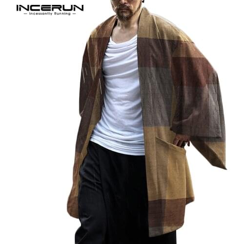 INCERUN Plaid Men Shirt Long Sleeve Kimono Open Stitch Outerwear Loose Pockets Streetwear Vintage Cardigan Long Shirts Men S-5XL