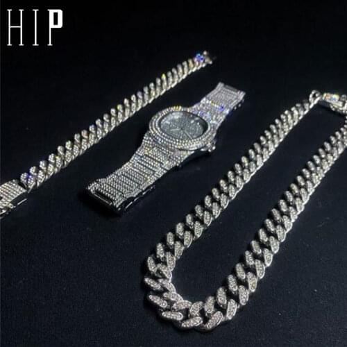 Necklace +Watch+Bracelet 3pcs kit Hip Hop Miami Curb Cuban Chain Gold Full Iced Out Paved Rhinestones CZ Bling For Men Jewelry