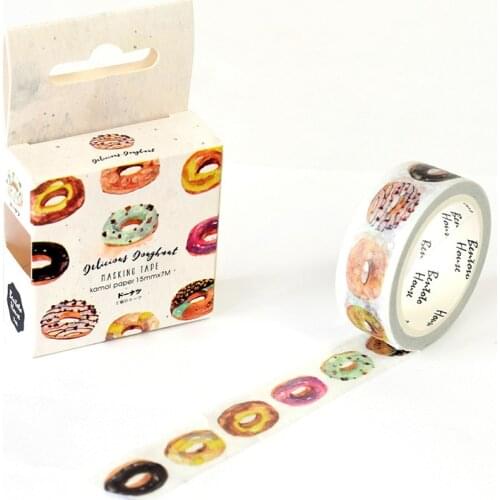 Box of cute doughnuts decorated with washing tape food DIY photo album notebook scrapbook stationery tape