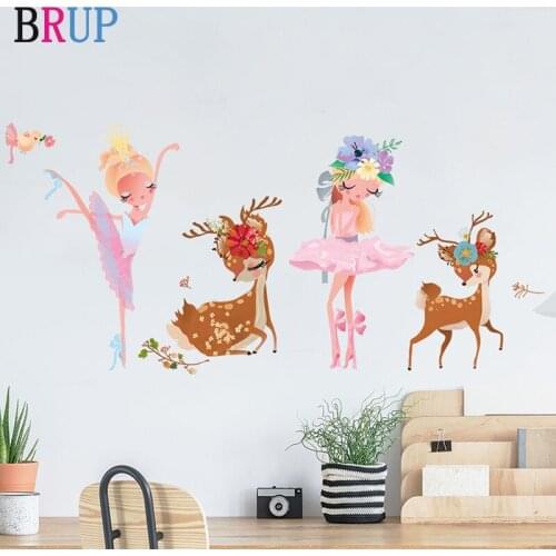 Cartoon Cute Sika Deers Fairy Wall Stickers for Kids Room Living Room Wall Decal Baby Nursery Murals Girls Wall Decor Poster