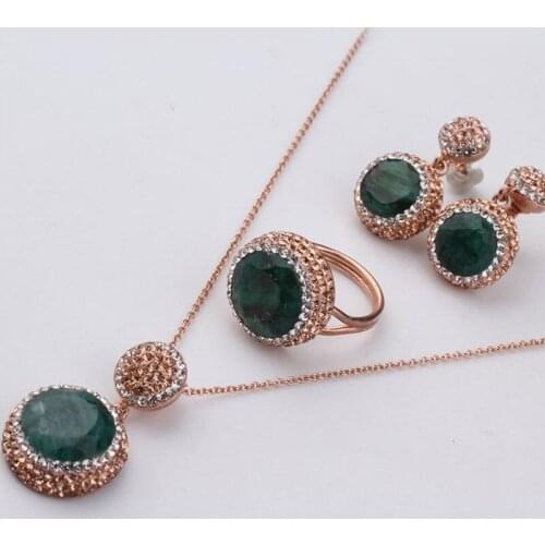 Round Dyed Emerald Silver Jewelry Set, Woman Silver Emerald Ring + Necklace + Earrings, Handmade Silver Gold Plated