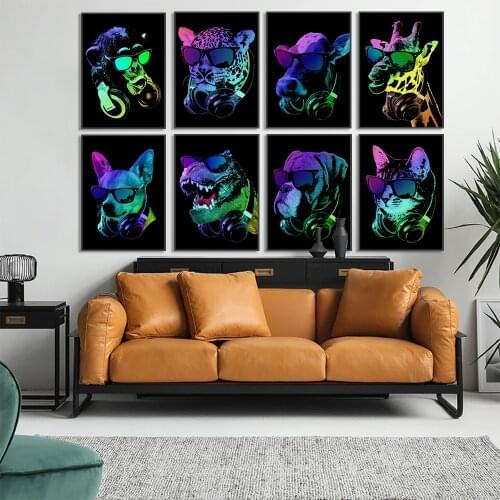 Neon style cool Dj animal leopard dog orangutan wall art canvas poster printing picture home living room decoration painting pos
