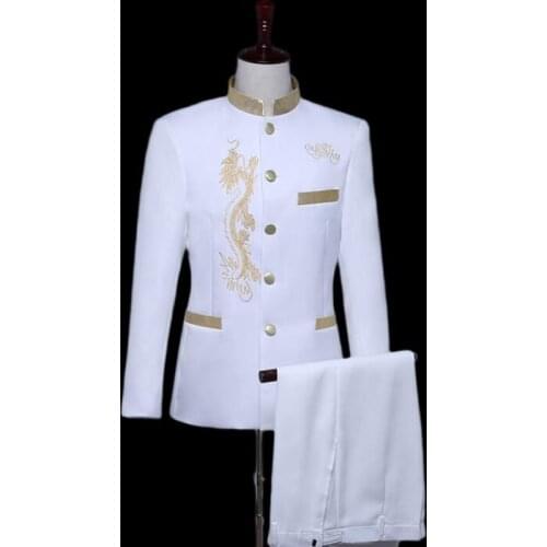 2020 new arrival men suit set with pants mens Embroidered stand collar Chinese tunic suit formal dress mens groom suit + pant