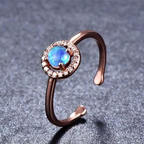 Bamos Rose Gold Filled Wedding Ring Blue/White/Purple Fire Round Opal Ring Adjustable Open Rings 2018 New Fashion Accessories