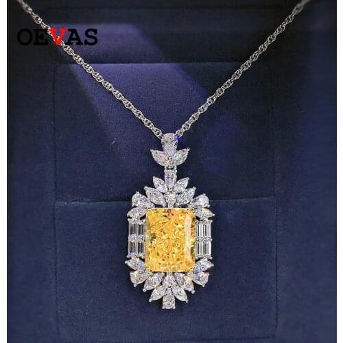 OEVAS 100% 925 Sterling Silver 12*15mm Yellow High Carbon Diamond Radiant Cut Pendant Necklace For Women Sparkling Fine Jewelry