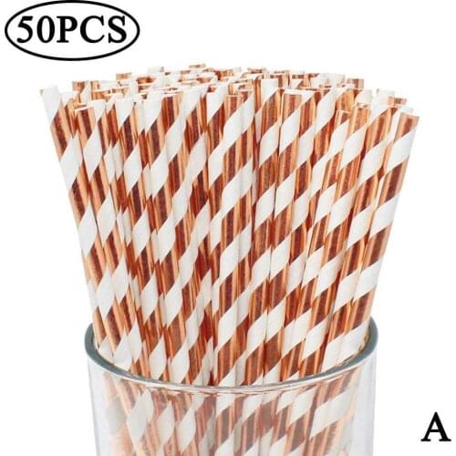 50pcs Rose Gold Paper Straws Strip Dot Drinking Straw Disposable Tableware Bar Party Supplies Wedding Birthday Party Decoration