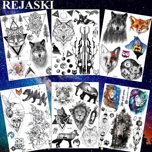 REJASKI Black Circuit Tree Temporary Tattoo For Men Women Arm Tatoo Paper Waterproof Lion Tiger Wof Fake Tattoo Sticker Body Art