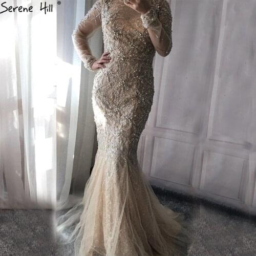 Luxury Peach Shining Evening Dresses Mermaid Pearls Beading Tulle Formal Dress 2020 Serene Hill LA6420