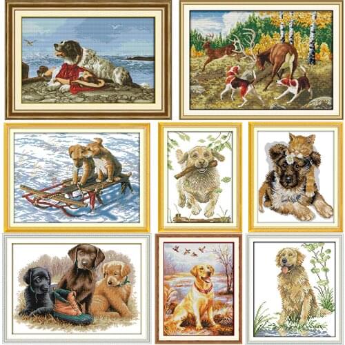 Three dogs Stamped Cross Stitch Kits Embroidery Needlework Printed 11CT 14CT Counted Patterns Canvas Crafts Home Decoration Sets
