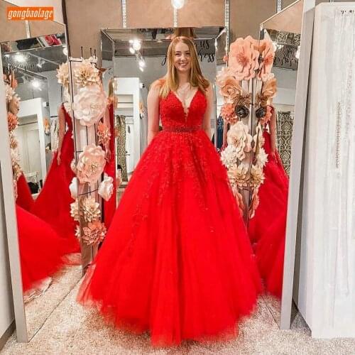 Sexy Red Evening Dresses V Neck Lace Appliqued Вечернее Платье Beaded Sashes Tulle Evening Gowns Long Custom Made Robe De Soiree