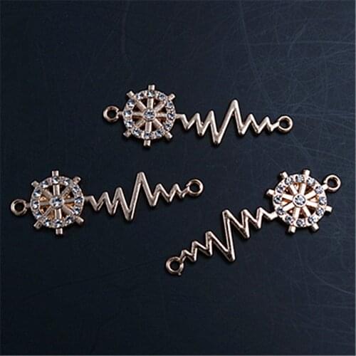 WKOUD 6pcs creative handmade rhinestones kc gold sailor rudder&ECG charm bracelet necklace DIY metal jewelry alloy connectors