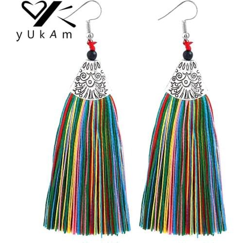 YUKAM Chinese Ethnic Jewelry Bohemia Long Cotton Tassel Earrings Boho Dangle Drop Earrings for Women Exaggerated Tassle Earrings