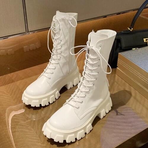 2021 Lace Up White Ankle Boots Women Autumn Fashion Chunky Mid-Calf Boots Autumn Round Toe Combat Martin Black Boots Ladies Shoe