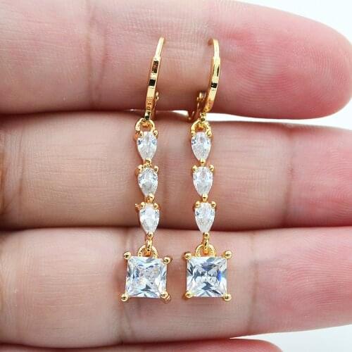 Gold Color Women Fashion Clear White Zirconia CZ Square Dangle Earrings Jewelry