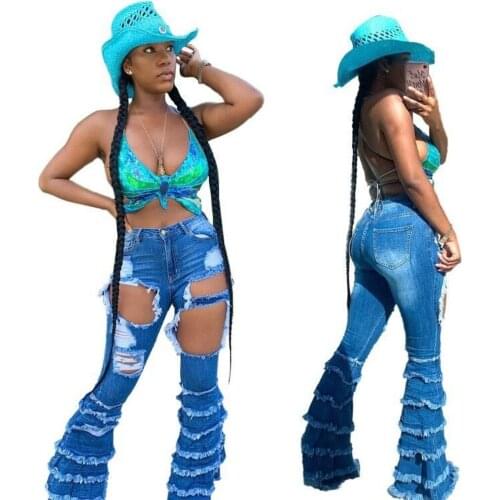Women Sexy Ripped Flare Jeans Denim Ruffled Long Pants Steetwear Ladies Hollow Out Designer Trousers Winter Spring Fashion Pants