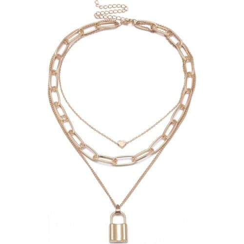 European and American Exaggerated Thick Chain Hip-Hop Retro Multi-layer Geometric Lock-Shaped Love Necklace Sexy Ladys 2021