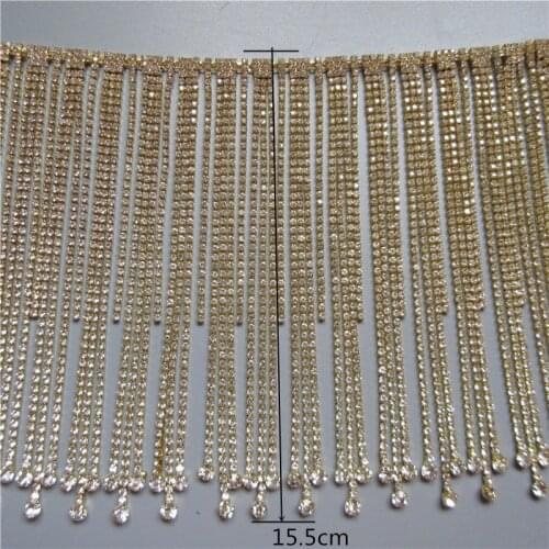 1yard 15.5cm wide Glitter Gold Glass Rhinestone Chain Tassel Fringe Metal Strass Trim Banding Crystal Applique for Decoration