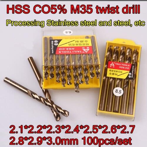 2.1*2.2*2.3*2.4*2.5*2.6*2.7*2.8*2.9*3.0mm 100pcs/set HSS CO5% M35 twist drill Processing Stainless steel and steel, etc