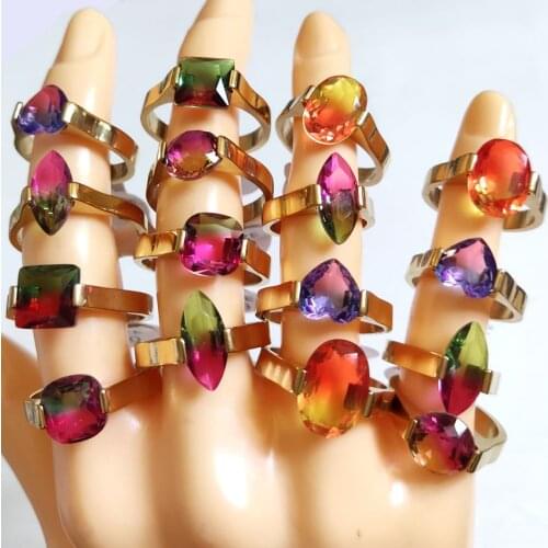 20pcs Shape Mix Colored CZ Stone Ring for Women Gold Plated Quality Girls Zircon Stainless Steel Ring Wholesale Female Jewelry