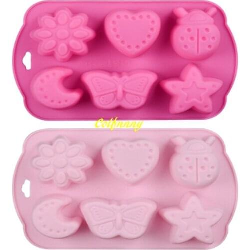 500pcs/lot Fast shipping 6 Insects Butterfly Moon Star Shaped DIY Silicone cake mold chocolate moulds jelly pudding molds