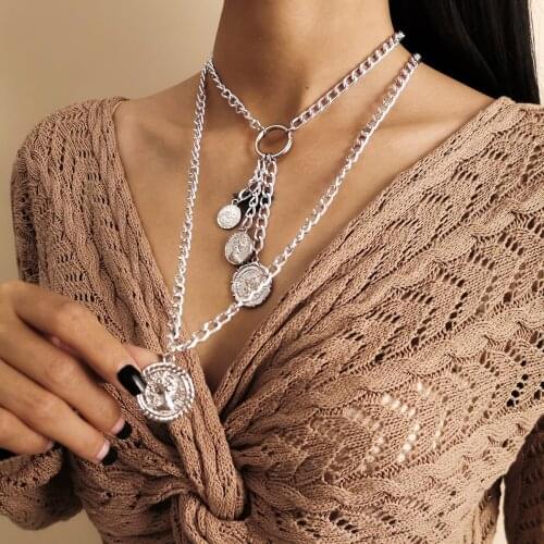 European and American retro temperament jewelry with portrait pendant multi-layer stackable tassel necklace for female