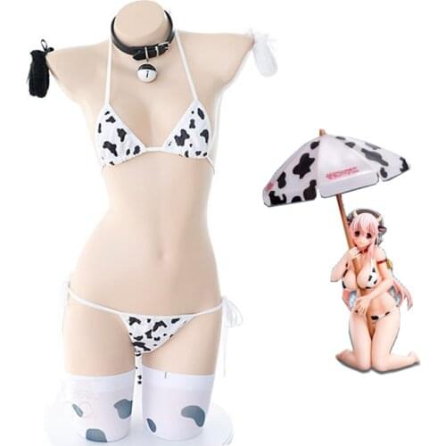 Japanese Anime Super Sonico Cow Cosplay Costume Lolita Girl Cute Bikini Suit Underwear Sexy Bra and Panty Lingerie Set Stockings