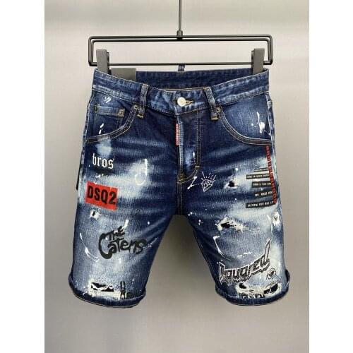 Cool brand Dsquared2 Tide DSQ2 Hand-Painted Lacquer Hole Stretch Men Shorts Jeans Straight Slim Jeans D2 shorts