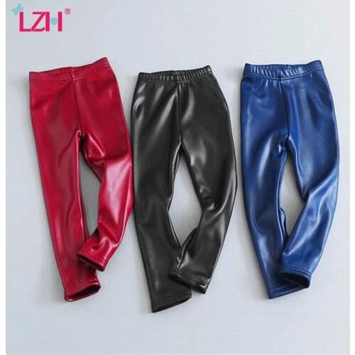 LZH 2021 New Autumn Winter Children Pants Plus Velvet Faux Leather Leggings Girls Slim PU Leather Warm Pants All-Match Trousers
