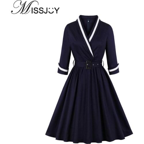 MISSJOY 2019 Autumn New Women Dresses Rockabilly Party Swing V-Neck Belted Sexy A-Line Vintage Vestidos Elegant Female Plus Size
