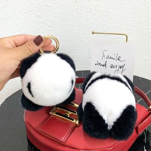 12CM Rabbit fur keychain Panda Toy Keyring for Women Pom Pom Bag Charm Phone Pendant Metal Ring Car Key Ornaments