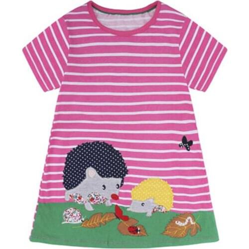 New Cute Baby Girl Dress Summer Cartoon Pink hedgehog Short Sleeve Striped Dresses for Girls Clothes Children Birthday dress