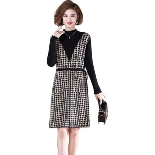 Autumn Winter Dress Women New Mid-Llong Thickened Cardigan Large Size 5xl Half High Collar Womens Sweater Fake Two-Piece Dress