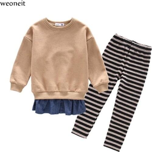 Weoneit Autumn Girls Clothes Sets Baby Girl Long Sleeve Shirt Top + Striped Legging Suits Kids ClothingChildrens Clothes 2pcs